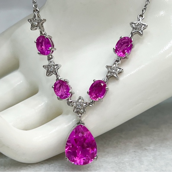 Jewelry - Radiant Orchid Quartz White Zircon Silver V Drop Necklace w/ Extender